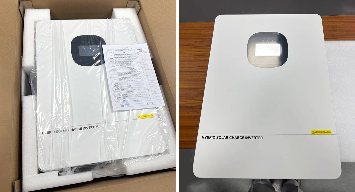Solvic 10kW hybrid inverter unboxing and product appearance – inverter unit with split-phase output, wall mounting bracket, communication cables, CT sensors, and user manual for solar storage installation